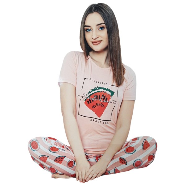 Пижама дамска POLKAN от 2 части къс ръкав с дълъг панталон S-M-L-XL №15668 /4 броя в стек/