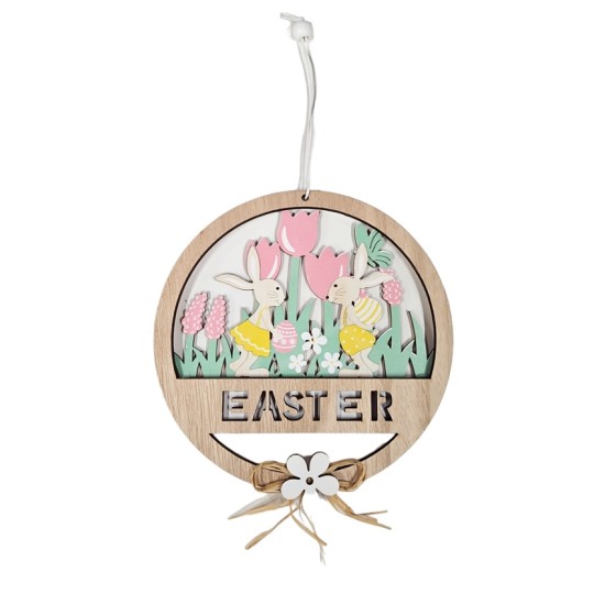 Декорация EASTER ЗАЙЧЕ С ЦВЕТЯ висяща дървена Ф15см