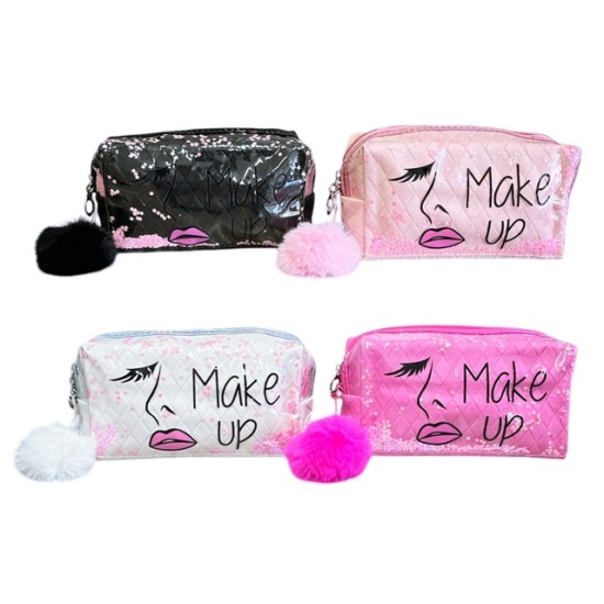 Несесер с пухче едноцветен с брокат Make Up 4 цвята /12 броя в стек/