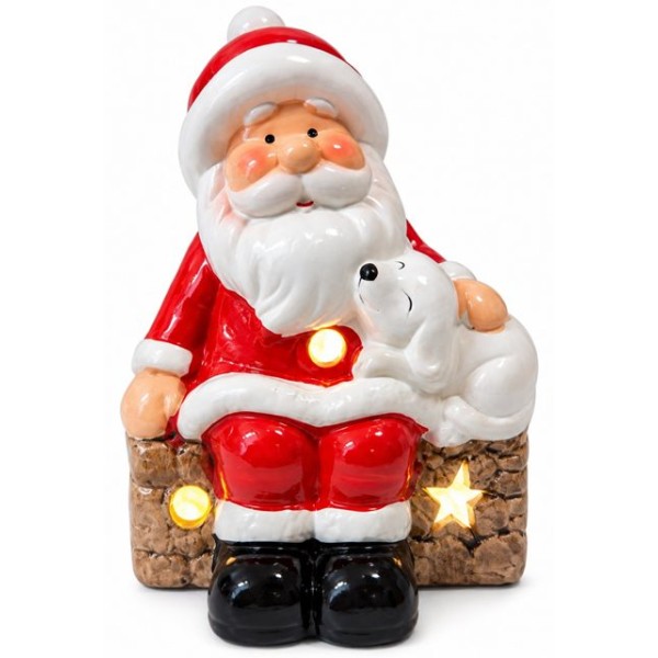 Коледна керамична фигура ДЯДО КОЛЕДА С КУЧЕ 11,5см x7,5см x13,5см LED