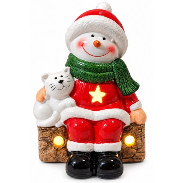 Коледна керамична фигура СНЕЖКО С КОТЕ 11,5см x7,5см x13,5см LED