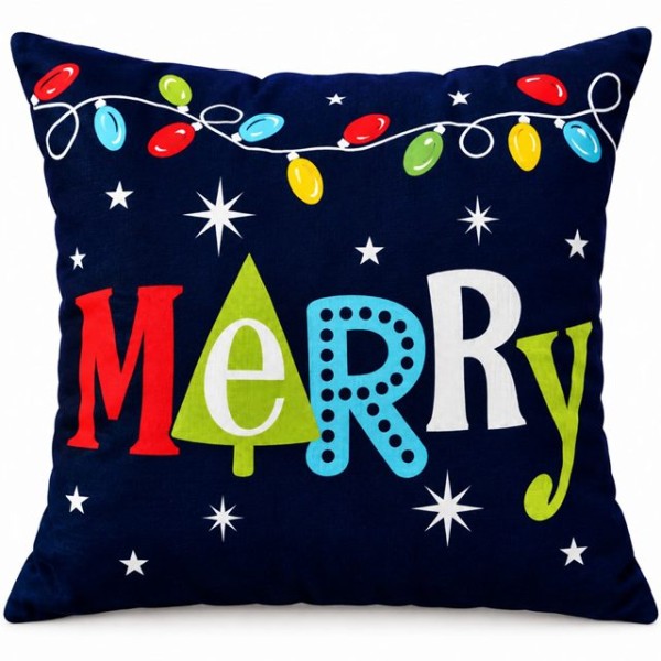 Коледна възглавница 42X42см тъмносиня с лампички MERRY