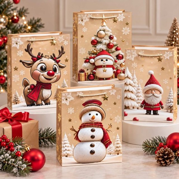 Коледна торба за подарък MERRY CHRISTMAS златни фигури 31см х40см х12см /12 броя в стек/