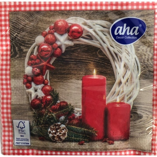 Салфетки Aha 20 броя в плик 33x33см БЯЛ ВЕНЕЦ И СВЕЩИ №100  /12 плика в кашон/