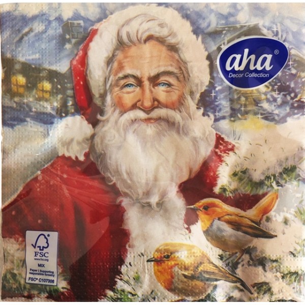Салфетки Aha 20 броя в плик 33x33см ДЯДО КОЛЕДА И ПТИЧКИ №106  /12 плика в кашон/