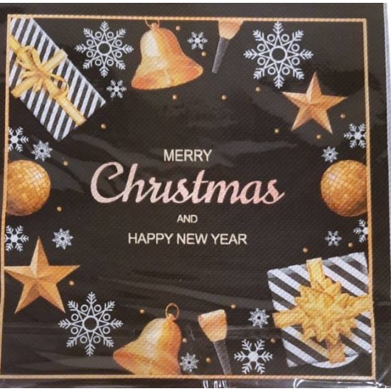 Салфетки 20 броя в плик 33x33см декор MERRY CHRISTMAS черни