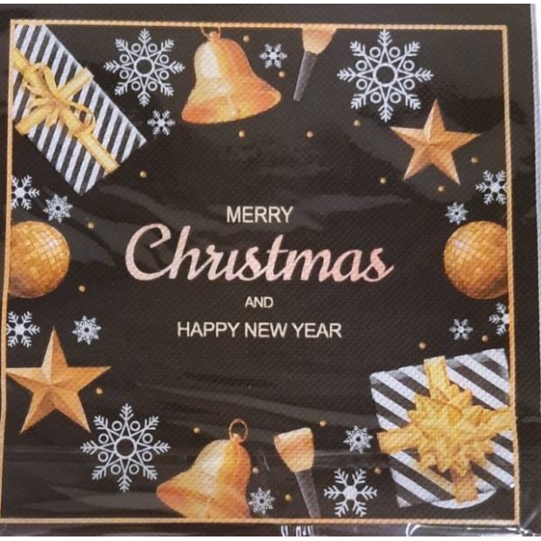 Салфетки 20 броя в плик 33x33см декор MERRY CHRISTMAS черни