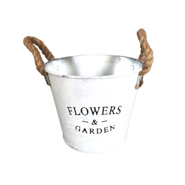 Кашпа метал бяла Ф13см H11см FLOWER с дръжки въже