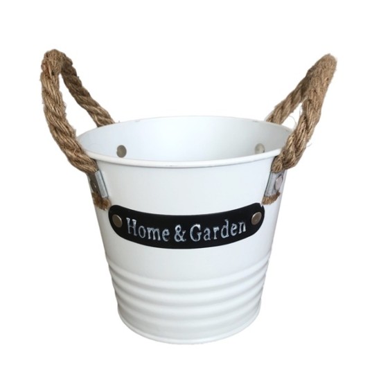 Кашпа метал бяла Ф14см H12см HOME and GARDEN с дръжки въже