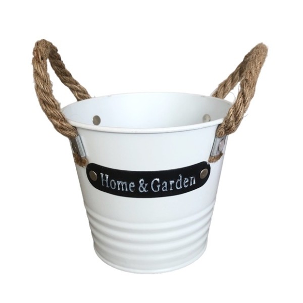 Кашпа метал бяла Ф14см H12см HOME and GARDEN с дръжки въже