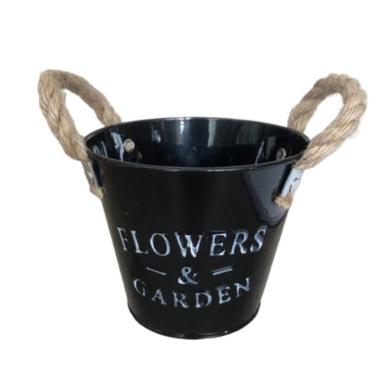 Кашпа метал черна Ф13см H11см FLOWER с дръжки въже