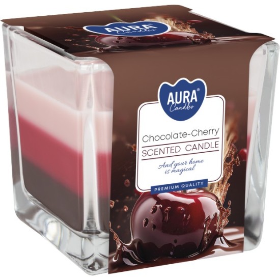 Свещ ароматизирана в квадратна чаша трицветна CHOCOLATE - CHERRY snk80-104 /6 броя в кашон/