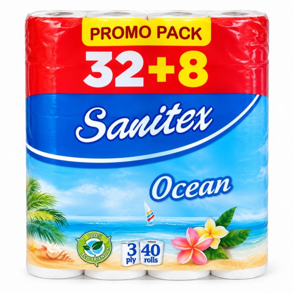 Тоалетна хартия "Sanitex" 32+8 трипластова ароматизирана Ocean PROMO PACK