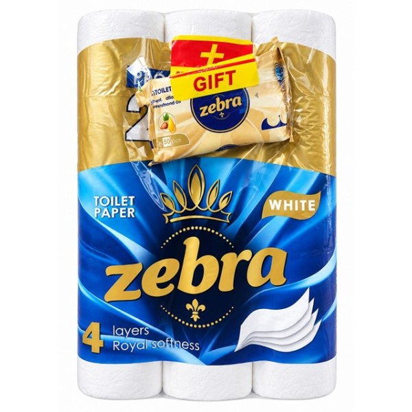 Тоалетна хартия ZEBRA 24+6 WHITE 4 пластова + подарък